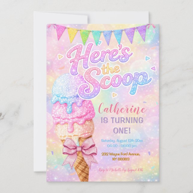 Convite Here’s the Scoop Pastel Rainbow Glitter Birthday (Frente)