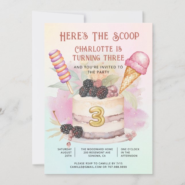 Convite Here's The Scoop 3rd Birthday Ice Cream Party (Frente)