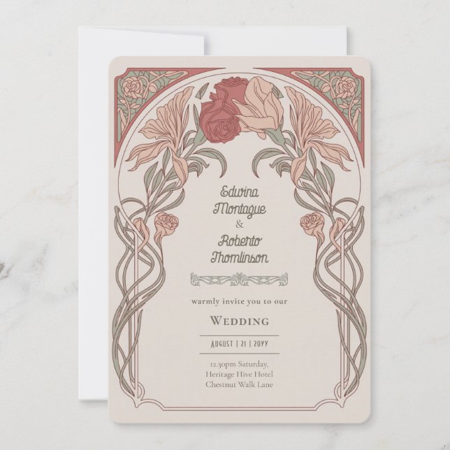 Convite Heritage Art Nouveau Botanical Wedding Teracotta (Frente)