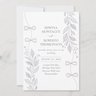 Convite Heritage Botanical Ribbon Line Art Elegant Wedding