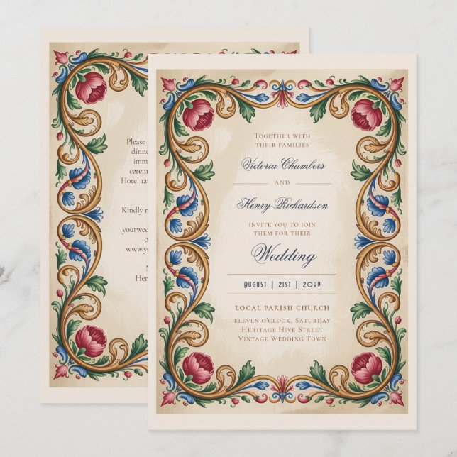 Convite Heritage | Casamento de Joia Dourada Medieval Rena (Frente/Verso)