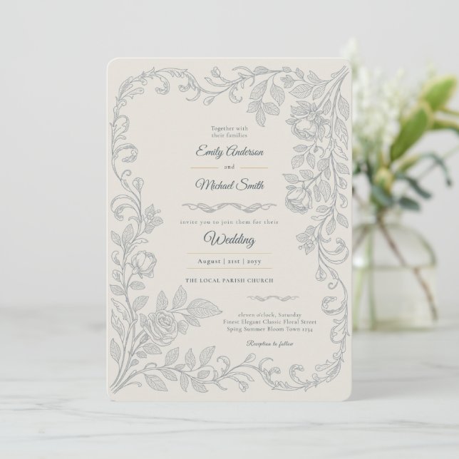 Convite Heritage | Casamento Floral Prata Edwardiano (Em pé/Frente)
