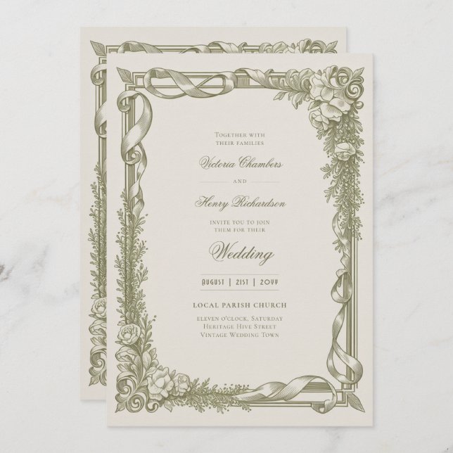 Convite Heritage | Edwardian Ribbon Garland Wedding (Frente/Verso)
