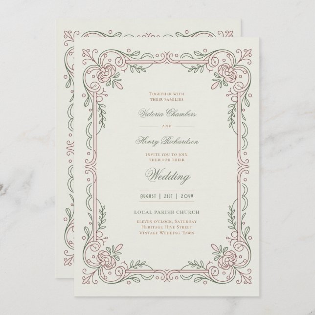 Convite Heritage | Edwardian Rose Filigree Wedding (Frente/Verso)
