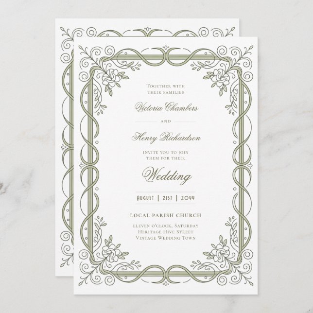 Convite Heritage | Edwardian Sage Ribbon Scroll (Frente/Verso)