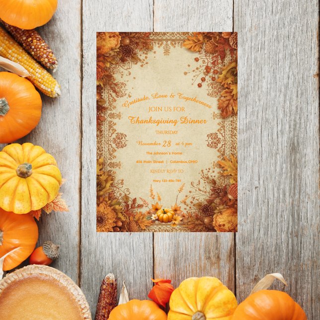 Convite Heritage Floral Elegant Damask Thanksgiving (Criador carregado)