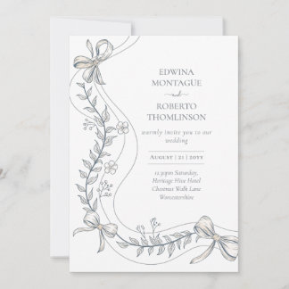 Convite Heritage Floral Ribbon Hand Drawn Elegant Wedding