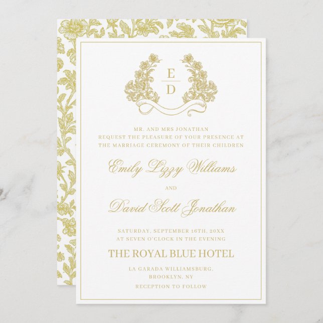 Convite Heritage Gold and White Monogram Wedding (Frente/Verso)