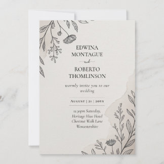 Convite Heritage Minimal Floral Line Art Rustic Wedding