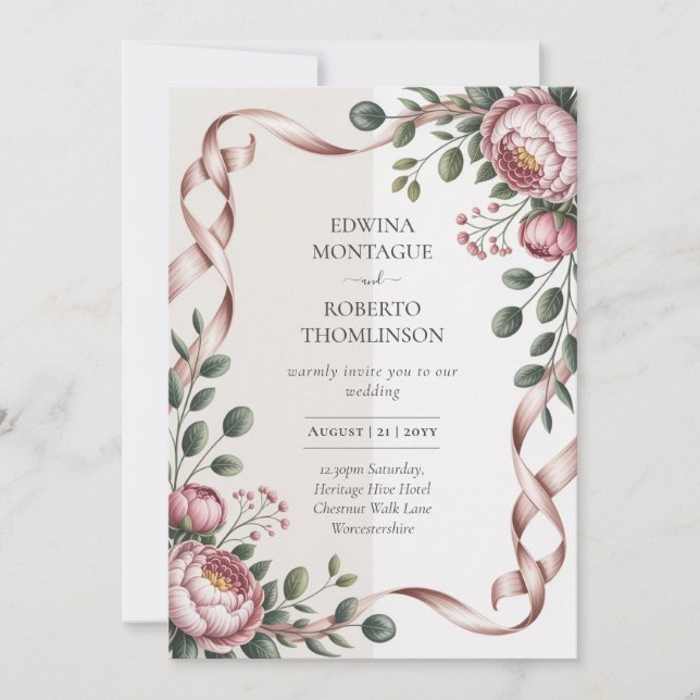 Convite Heritage Peony Ribbon Botanical Elegant Wedding (Frente)