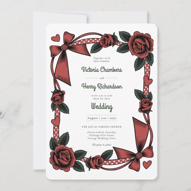 Convite Heritage | Retro 1950s Rockabilly Red Rose Wedding (Frente)