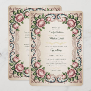 Convite Heritage Rosa Floral Antiga Vitoriana Casamento