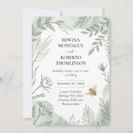 Convite Heritage Sage Botanical Bee Wedding