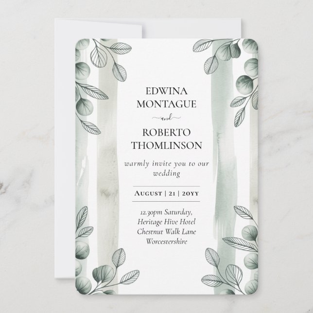 Convite Heritage Sage Eucalyptus Botanical Wedding (Frente)