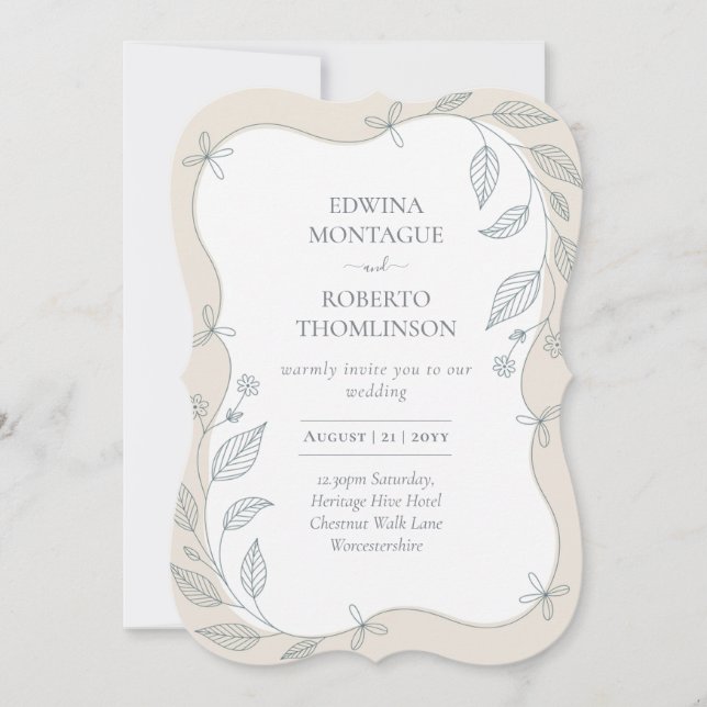 Convite Heritage Scalloped Botanical Frame Elegant Wedding (Frente)