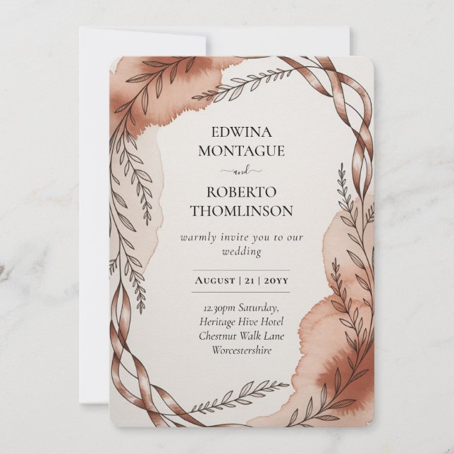 Convite Heritage Terracotta Ribbon Botanical Wedding (Frente)