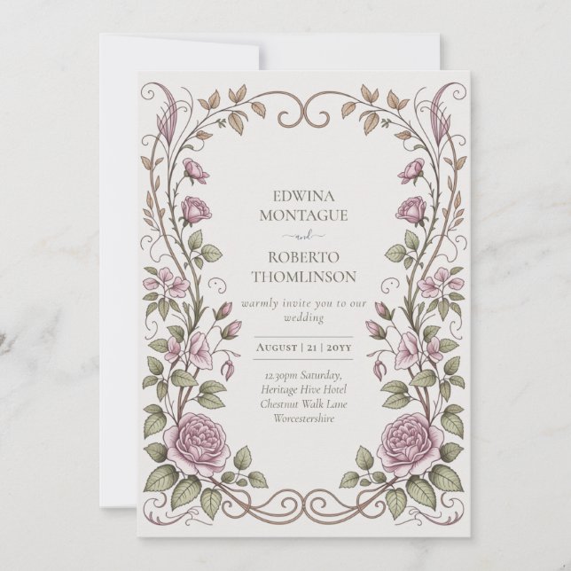 Convite Heritage Victorian Botanical Rose Wedding (Frente)