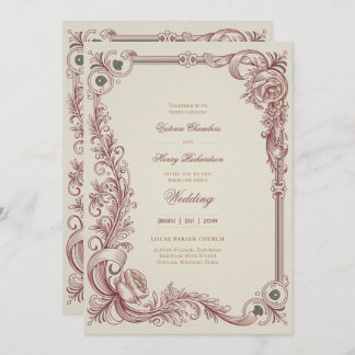 Convite Heritage | Victorian Burgundy Scrollwork Wedding