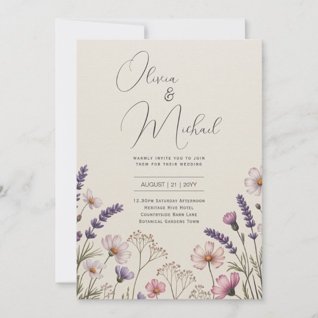 Convite Heritage Wildflower Lavender Blush Rustic Wedding (Frente)