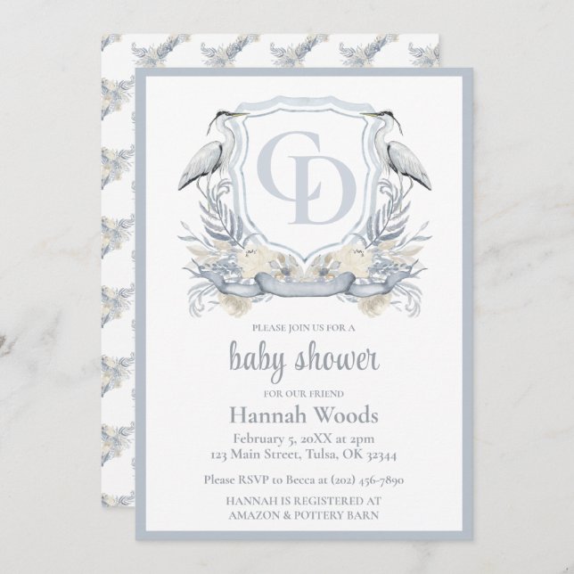 Convite Heron Interlocking Monogram Baby Shower (Frente/Verso)