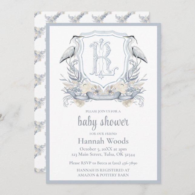 Convite Heron Specialty Monogram Baby Shower (Frente/Verso)