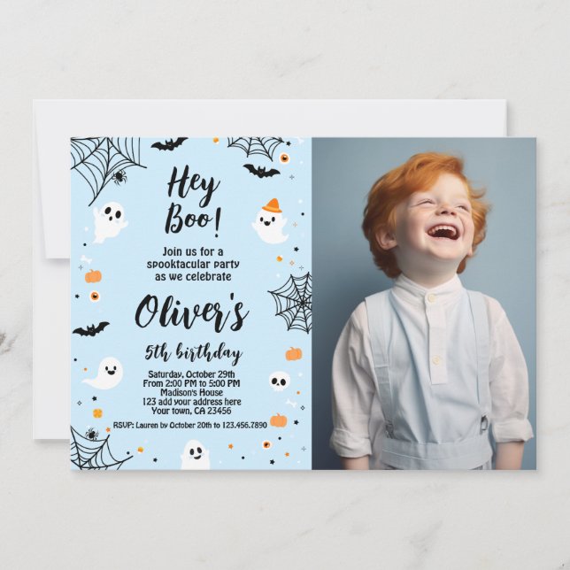 Convite Hey Boo, invitación de Halloween azul con foto (Frente)