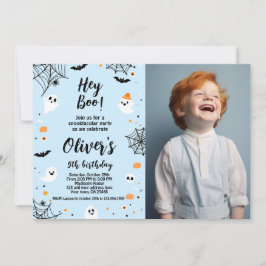 Convite Hey Boo, invitación de Halloween azul con foto
