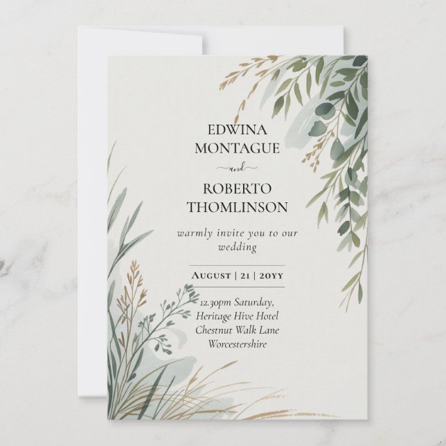 Convite HHS Greenery Botanical Watercolor Elegant Wedding (Frente)