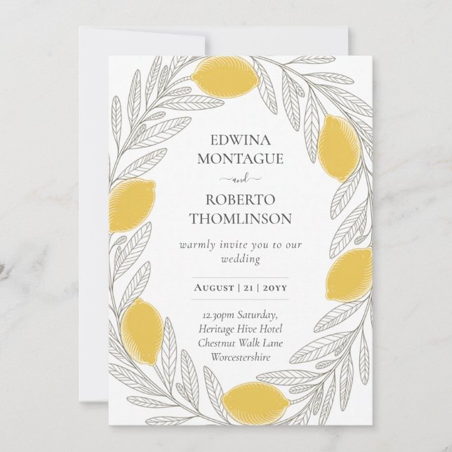 Convite HHS Lemon Wreath Minimal Mediterranean Wedding (Frente)