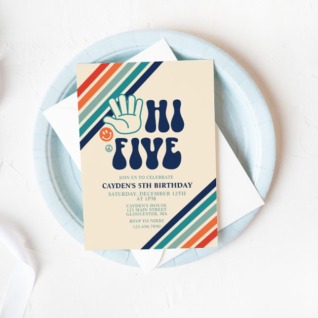 Convite Hi Five Retro Stripes birthday Invitation (Criador carregado)