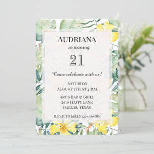 Convite Hibisco Amarelo Tropical Folhas Florais Aniversári