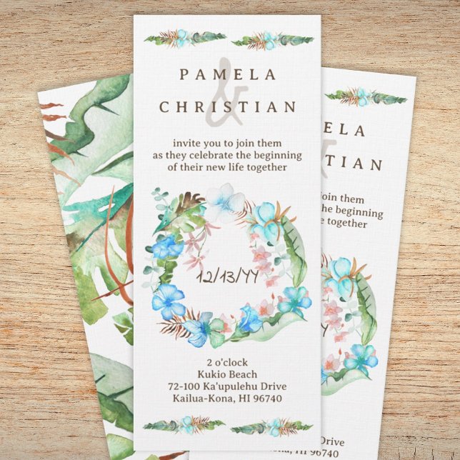 Convite Hibisco Azul, Grinalda de Folhas Tropicais Verdes (Tropical natural light green, blue beach wedding, Hawaiian wedding invitation, hibiscus, monstera)