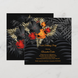Convite Hibisco Floral Laranja Vermelho Preto Aniversário