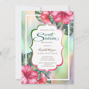 Convite Hibisco Moldura Holográfico Sweet 16