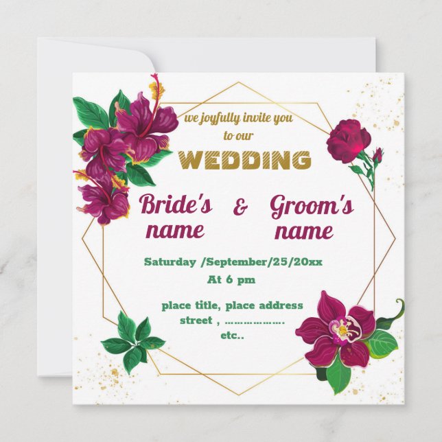 Convite hibisco, rosa flores de, casamento geométrico (Frente)