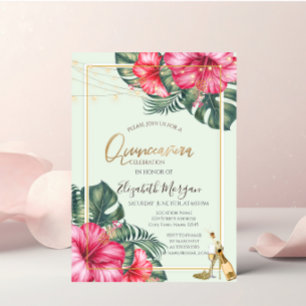 Convite Hibisco, Saltos Dourados Brilhantes Quinceanera