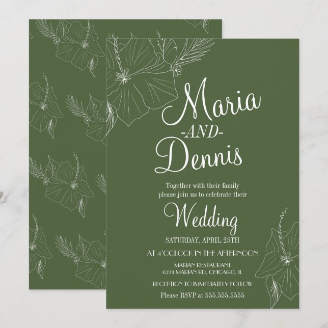 Convite Hibisco Simples Linha Tropical Verde (Frente/Verso)