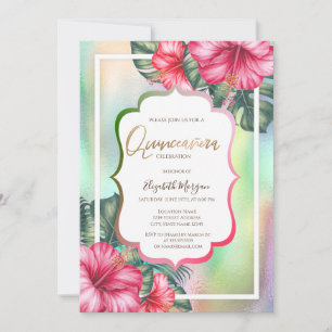 Convite Hibiscus Frame Holographic Quinceanera