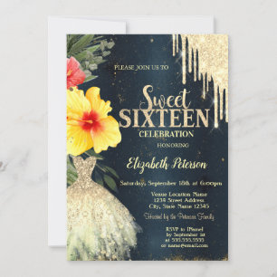 Convite Hibiscus Gold Gotas, Vestido Azul Escuro Sweet 16