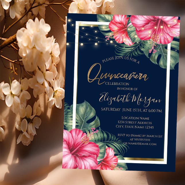 Convite Hibiscus, Luzes, Madeira, Quadro Quinceanera (Criador carregado)