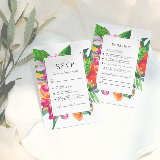 Convite Hibiscus, Plumeria & Palm Funny Weding RSVP (Criador carregado)