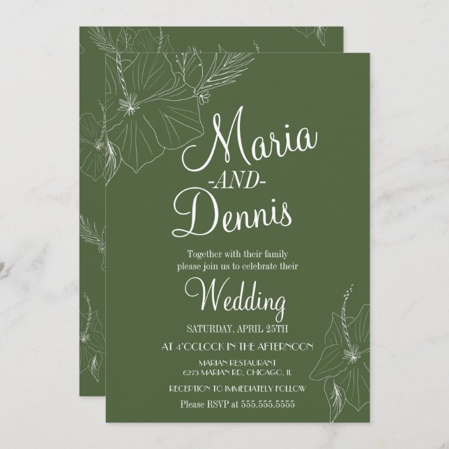 Convite Hibiscus SimplesLinha Tropical Verde (Frente/Verso)