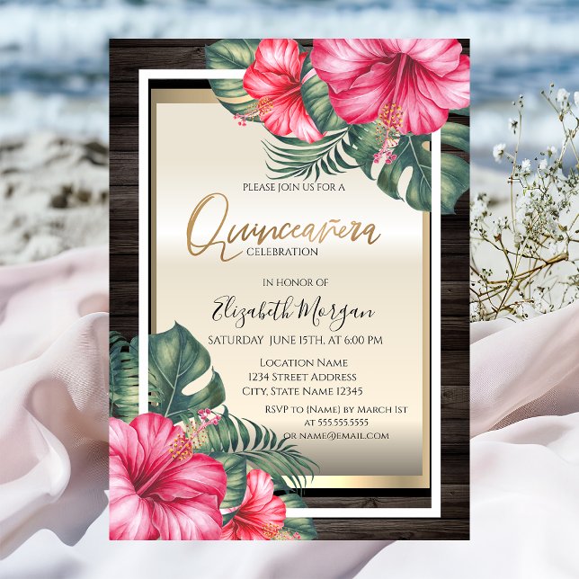 Convite Hibiscus Tropical Wood Quinceanera (Criador carregado)