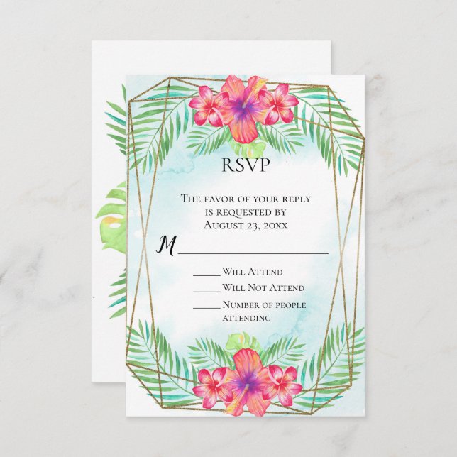 Convite Hibiscus Watercolor Beach Weding RSVP (Frente/Verso)