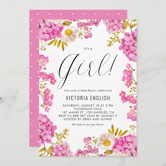 Convite Hídrangas cor-de-rosa magenta É um Chá de fraldas  (Frente/Verso)