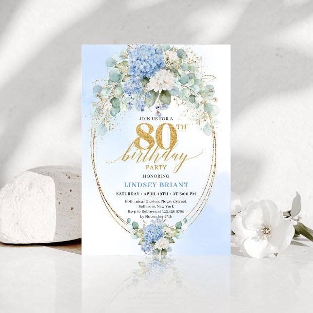 Convite Hidrângea Azul Refinada Dourado Floral 80º Anivers (Refined Blue Hydrangea Gold Floral 80th Birthday Invite)