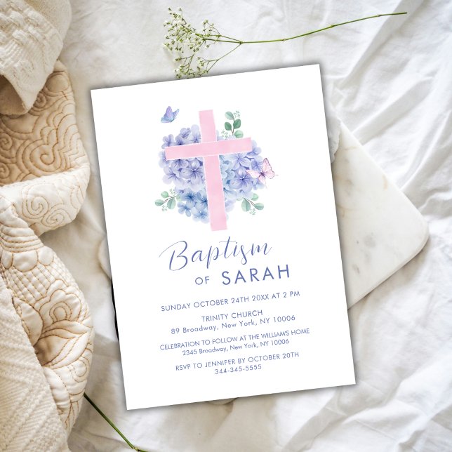 Convite Hídrangea Flor Elegante Batismo cruzado (Elegant Watercolor Hydrangea Flower Cross Baptism Invitation)