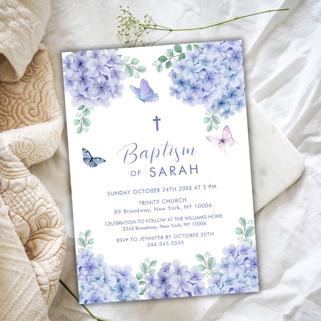 Convite Hídrangea Flor Jardim Cruzado Batismo Elegante (Elegant Hydrangea Flower Garden Cross Baptism Invitation)