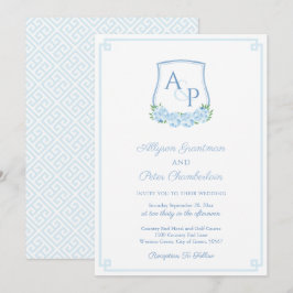 Convite Hídrangea Monograma Casamento de Crest Azul Elegan