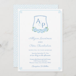 Convite Hídrangea Monograma Casamento de Crest Azul Elegan